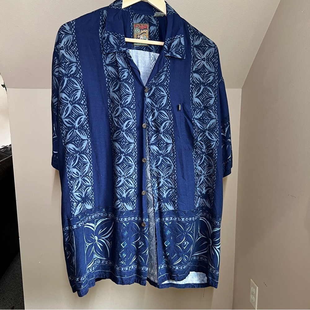 Pineapple Connection Vtg Blue Floral Hawaiian Shirt Coconut Shell Button Large